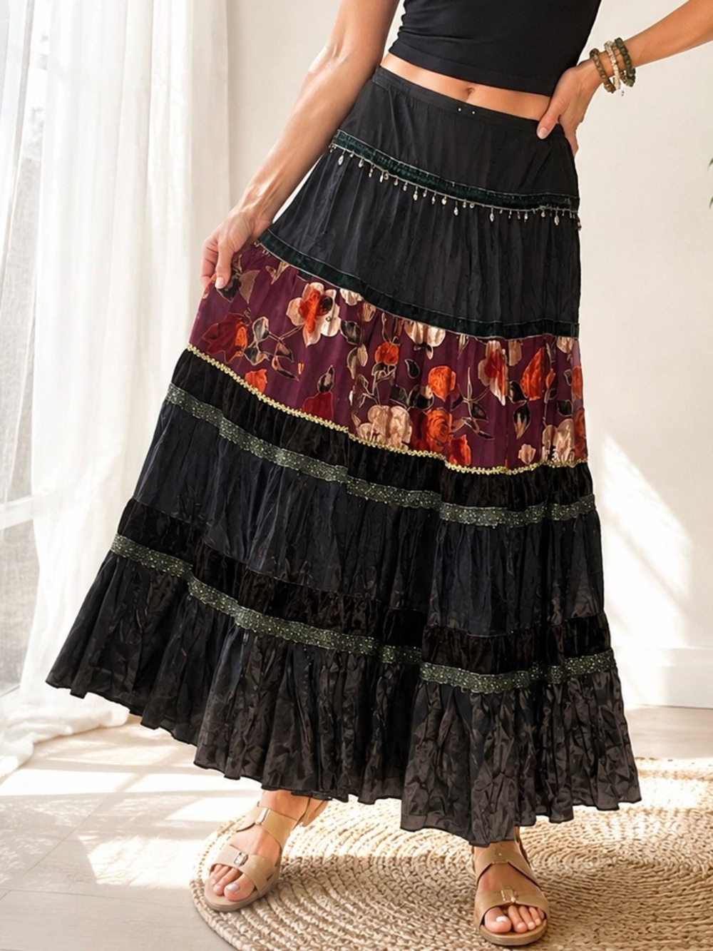 Lulumari Women’s Large Brown Floral Tiered Maxi Skirt Velvet Beaded Boho Y2K